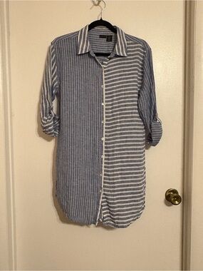 Tahari Blue and White Striped Button-Down Tunic